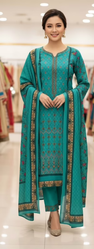 Turquoise Embroidered 3 Piece Lawn Salwar Suit