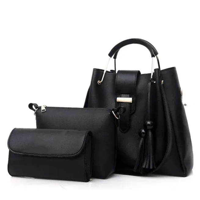 Black Leather Large Handbag Set
