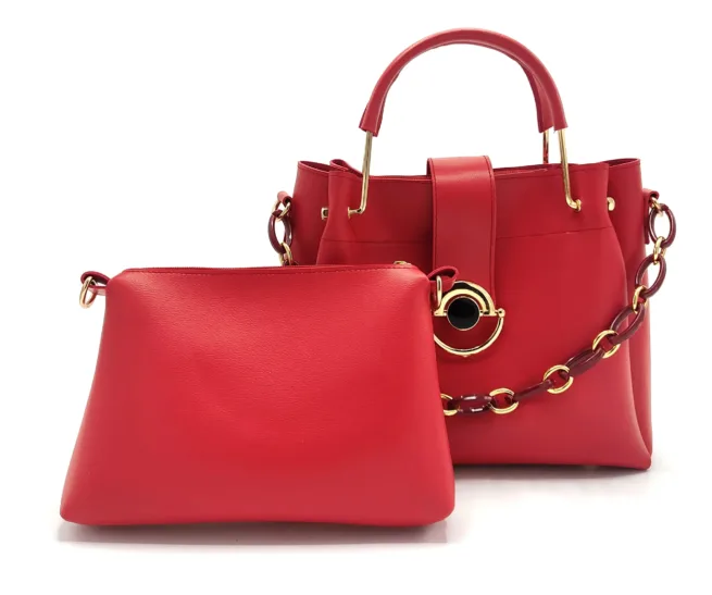 Rust Red Chain Leather Tote Bag with Pouch