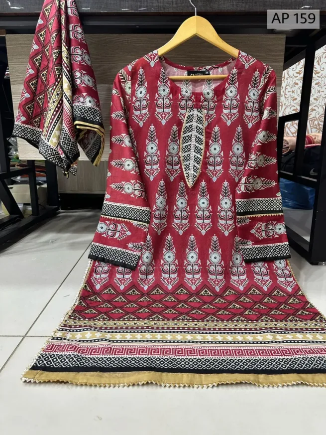 Lace Detail Printed Kurta & Dupatta Co ord