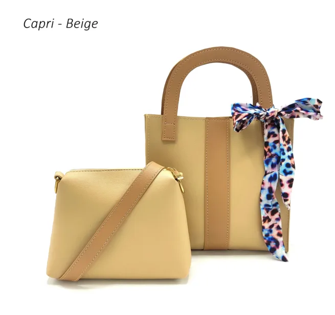 Small Beige Leather Tote Handbag with Pouch