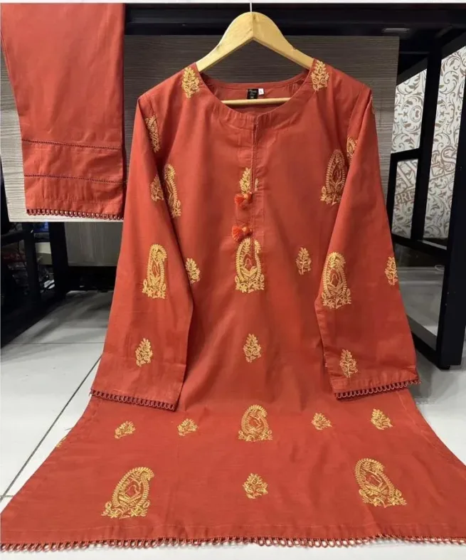 Orange Embroidered Cotton Trouser Suit