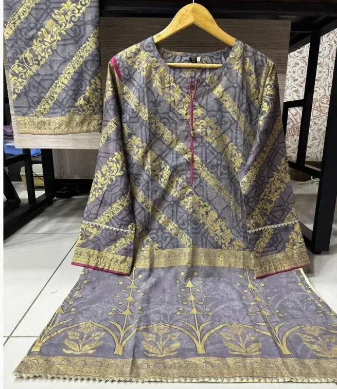 Embossed Gold Print Kurti & Dupatta Set