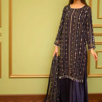 Alternative view of Navy Embellished Chiffon Gharara Suit