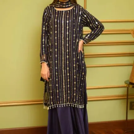 Navy Embellished Chiffon Gharara Suit