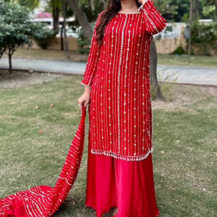 Red Embellished Chiffon Gharara Suit