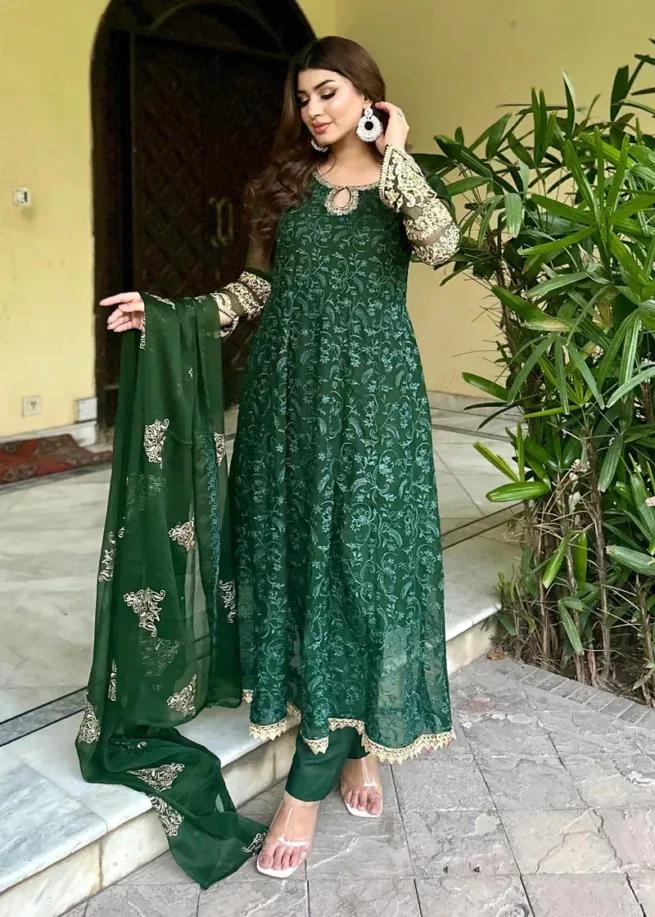 Bottle Green Embroidered 3 Piece Long Maxi Dress