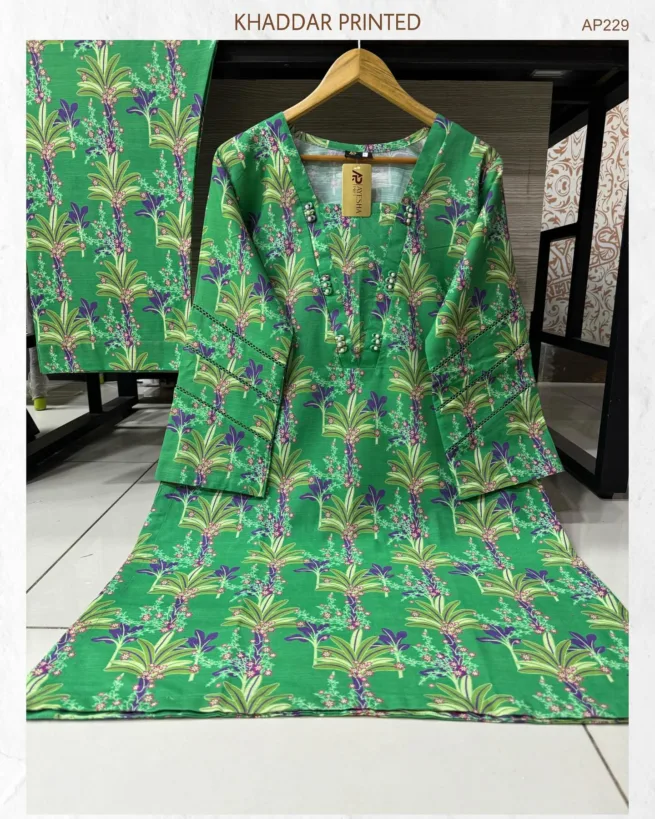 Printed Pearl Detail Khaddar Co ord Trouser Suit