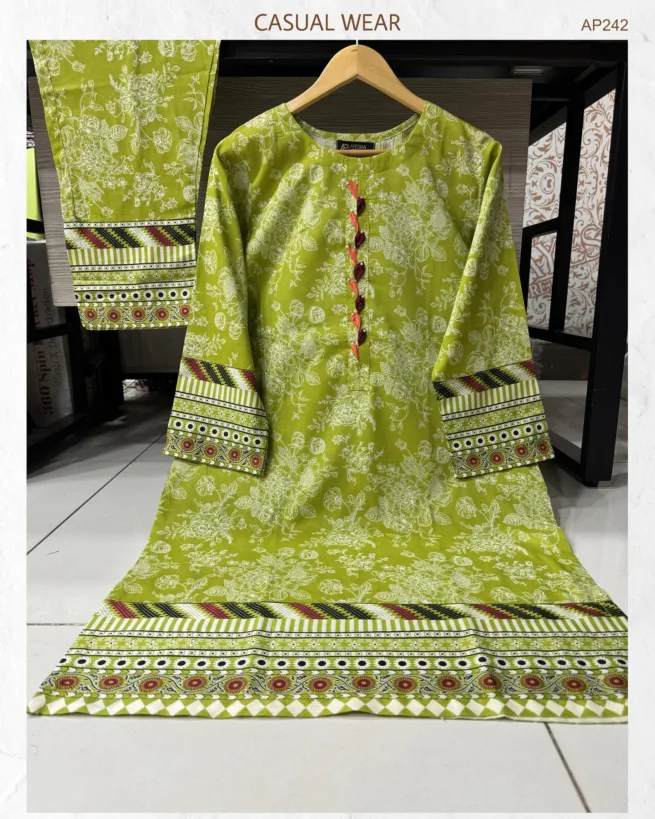 Lime Printed Cotton Trouser Suit