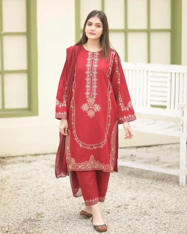 Khadi Net Red Embroidered Suit