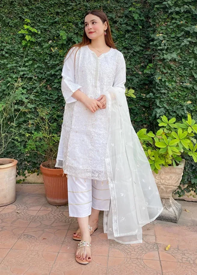 White Embroidered Organza Party Wear Salwar Suit