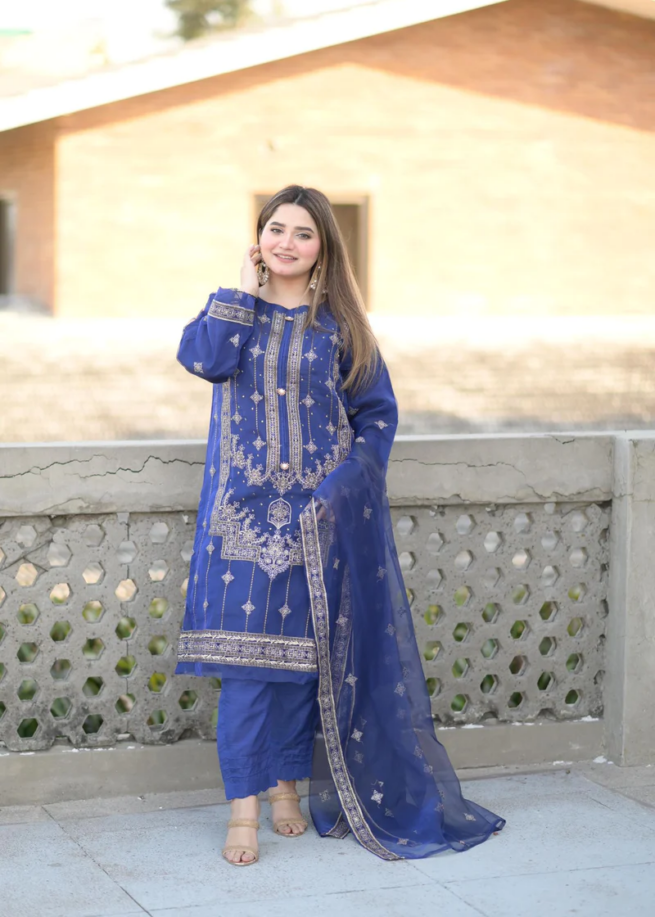 Royal Blue Organza Embroidered Suit