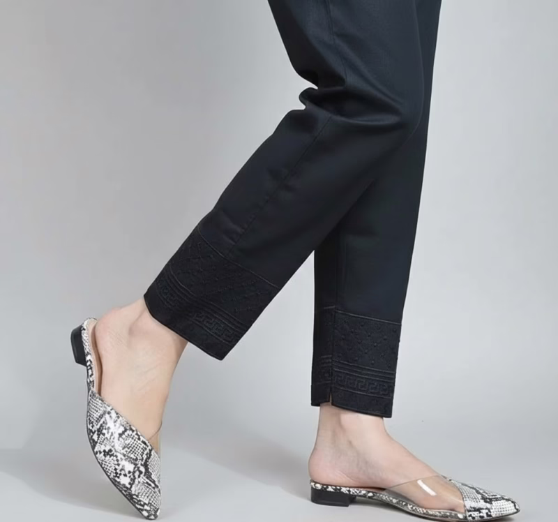 Black Embroidered Cotton Trouser