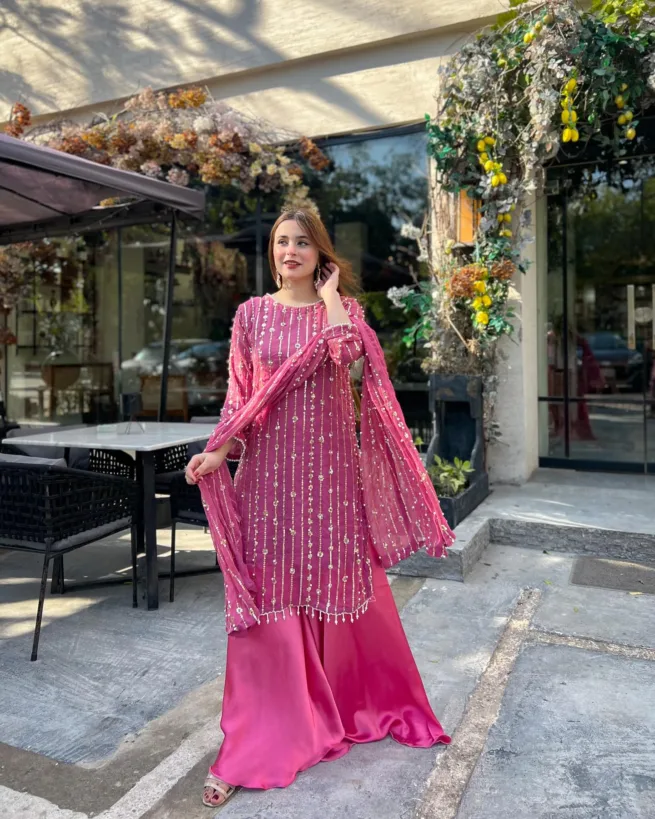 Tea Pink Hania Amir Embellished Chiffon Gharara Suit