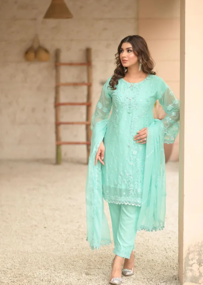 Turquoise Embroidered Chiffon Trouser Suit