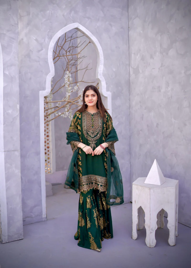 Ready Made Green Embroidered Sharara Suit