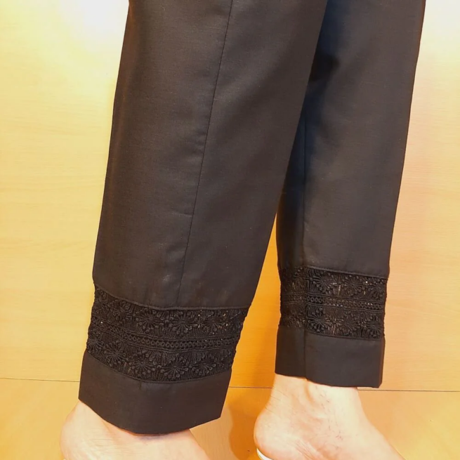 Lace Detail Black Cotton Trouser