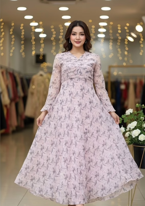 Pink Floral Chiffon Maxi Dress