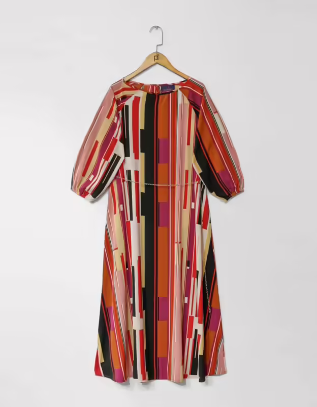 Printed Midi Dress With Gold Chain Belt