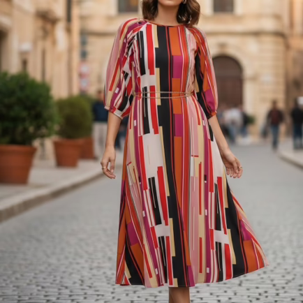 Printed Midi Dress With Gold Chain Belt
