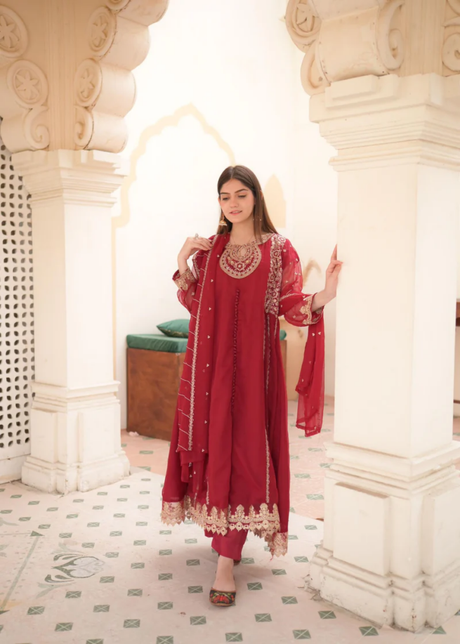 Maroon Embroidered 3 Piece Long Maxi Dress