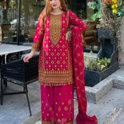 Heavily Embroidered Hot Pink 3 Piece Gharara Suit
