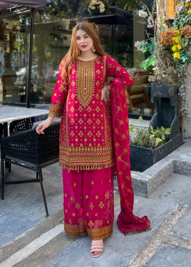 Heavily Embroidered Hot Pink Pallazo Suit