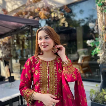 Alternative view of Heavily Embroidered Hot Pink 3 Piece Gharara Suit