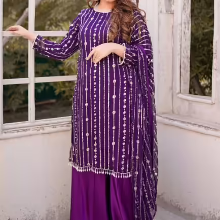 Purple Embellished Chiffon Gharara 3 Piece Suit