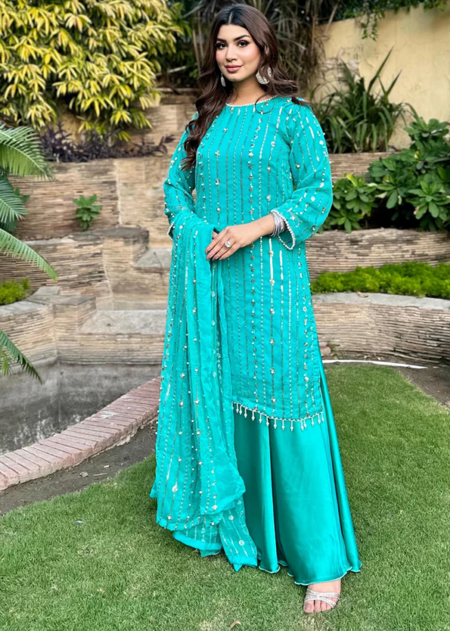 Turquoise Embellished Chiffon Gharara 3 Piece Suit