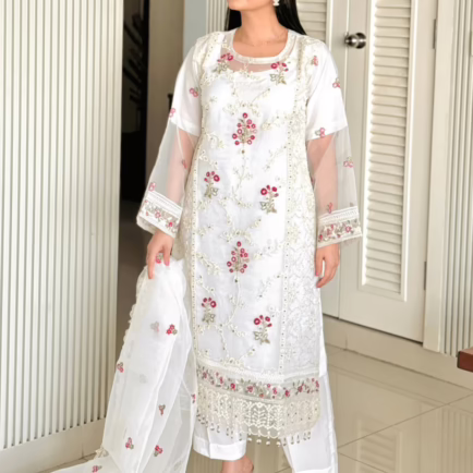 White Embellished 3 Piece Organza Suit