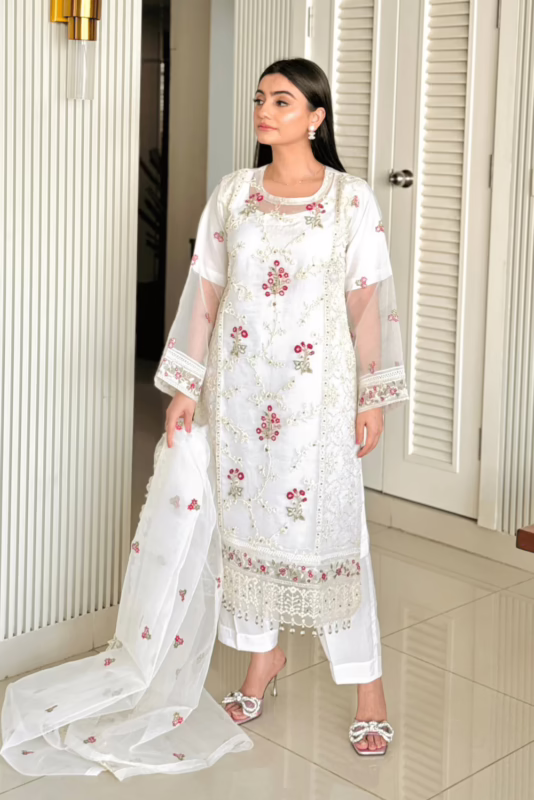 White Embellished 3 Piece Organza Suit