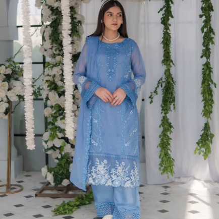 Sky Blue Embroidered 3 Piece Chiffon Suit