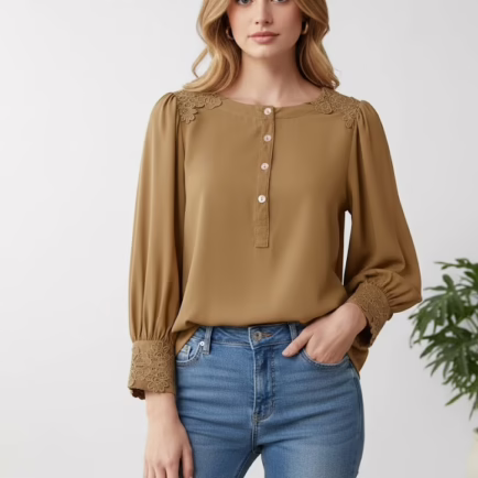 Tan Chiffon Lace Detail Blouse
