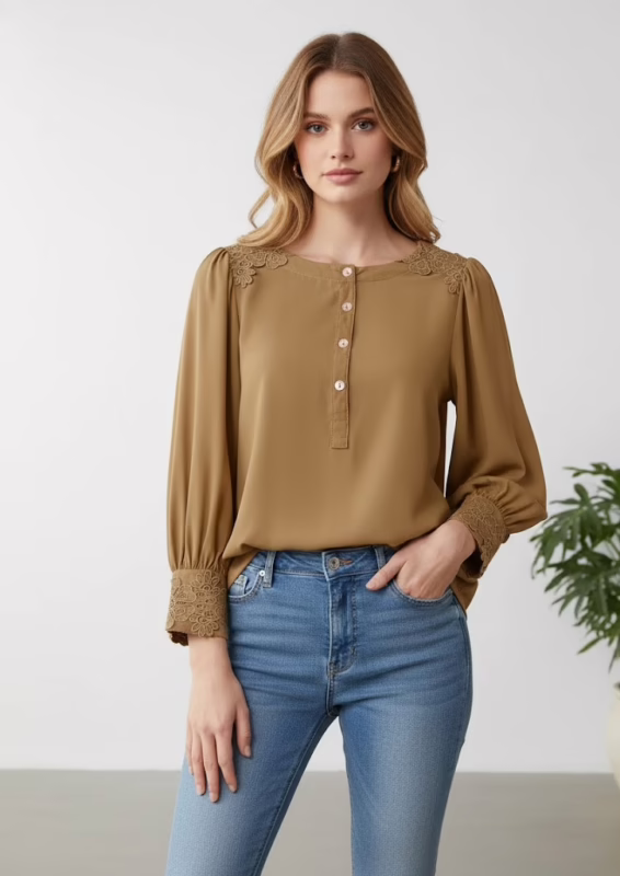 Tan Chiffon Lace Detail Blouse
