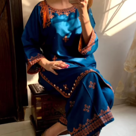 Two Piece Embroidered Linen Suit