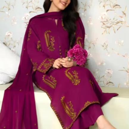 Magenta Embroidered Linen Suit