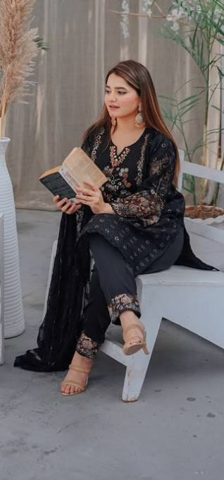 Khaddi Net Embroidered Suit, 2 Colours - Image 10