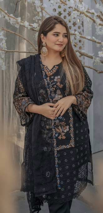 Khaddi Net Embroidered Suit, 2 Colours - Image 7