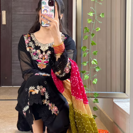 Alternative view of Black Embroidered Chiffon Chunri Suit