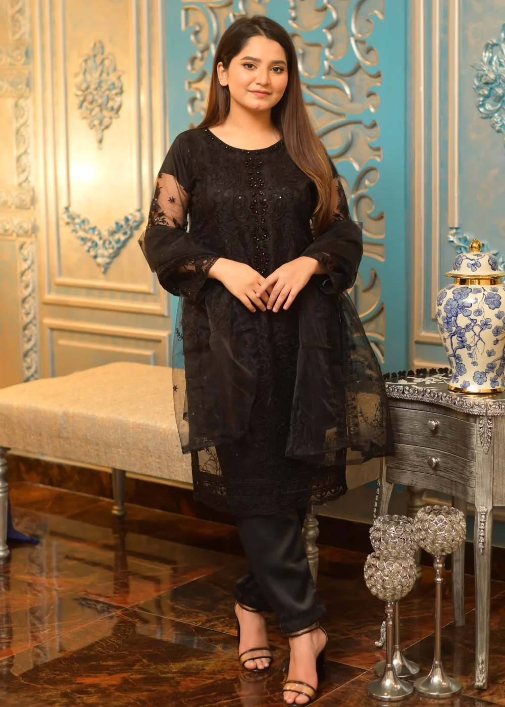 Black Net Fancy Embroidered Suit