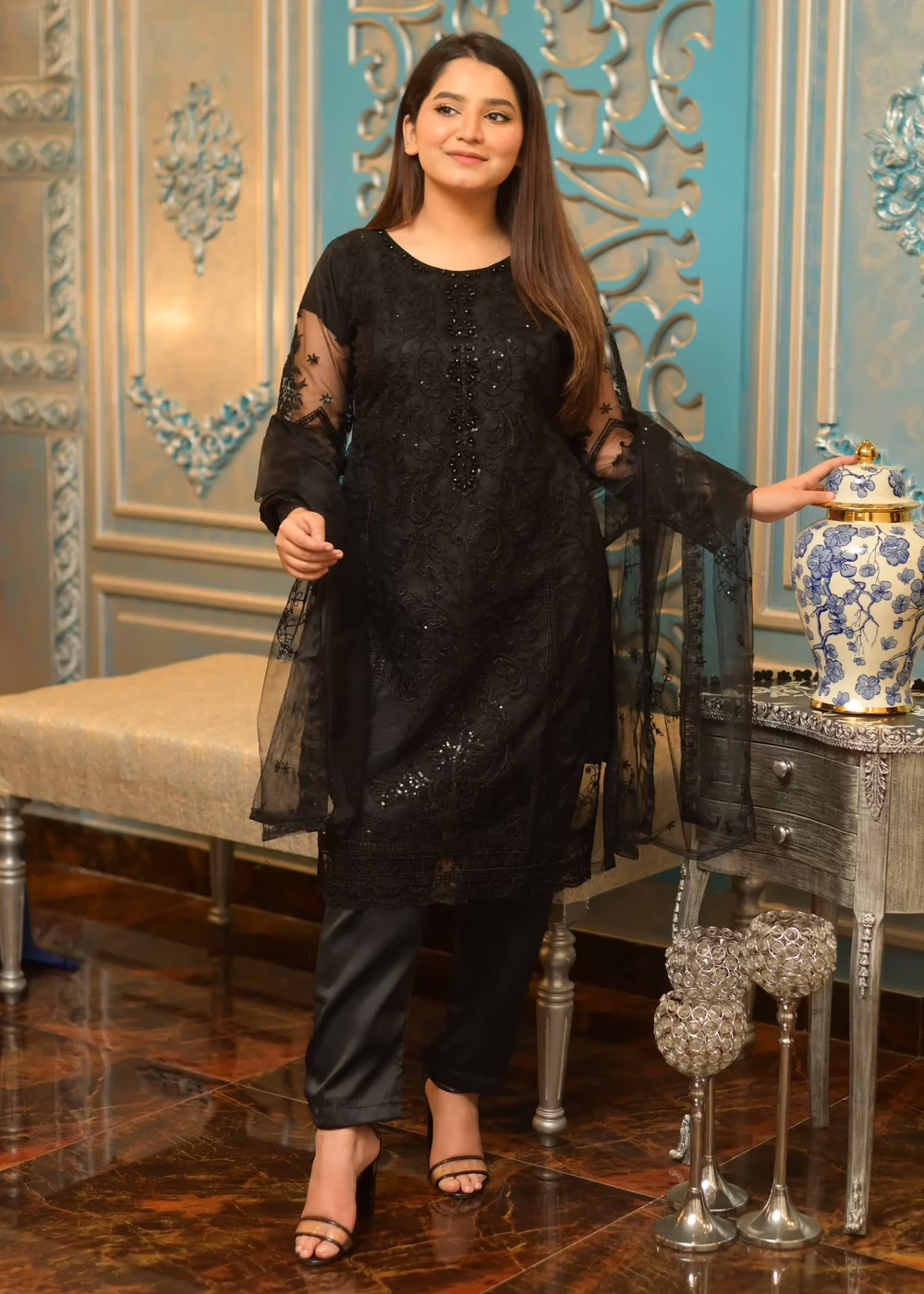 Black Net Fancy Embroidered Suit - Image 5