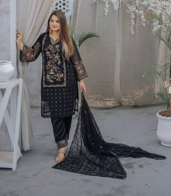 Khaddi Net Embroidered Suit, 2 Colours - Image 8