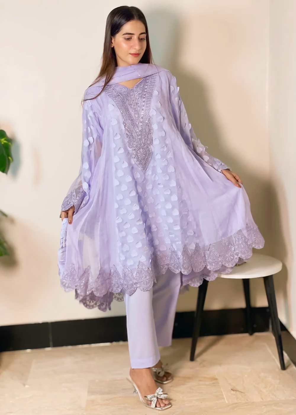 Nilofar Embroidered Frock Pishwas Oufit With Handpouch - Image 5