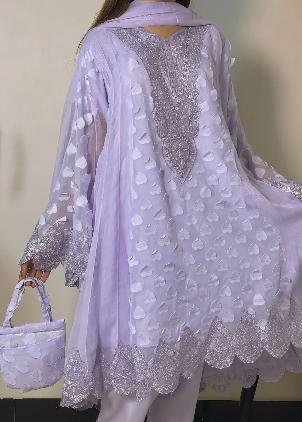 Nilofar Embroidered Frock Pishwas Oufit With Handpouch - Image 2